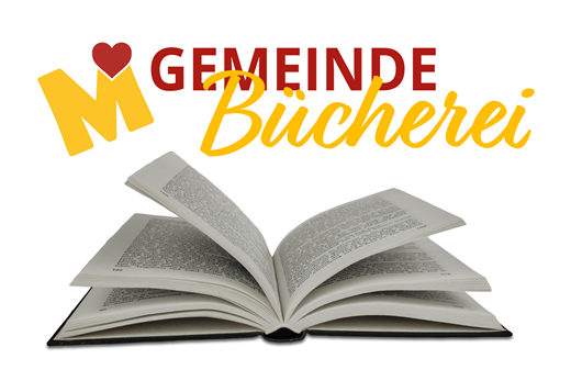 Gemeindebücherei Titelbild - ein offenes Buch mit dem Schriftzug Gemeindebücherei und Michelhausen M Logo